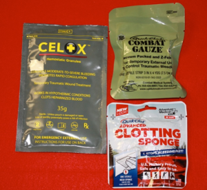 Pictured are the Celox Hemostatic Granules,  QuikClot Combat Gauze, and QuikClot Clotting Sponge.  They range in price from approximately $13 to $42 each.
